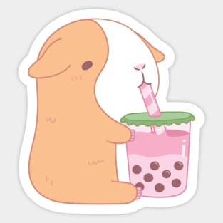 Cute Guinea Pig Drinking Strawberry Bubble Tea Sticker